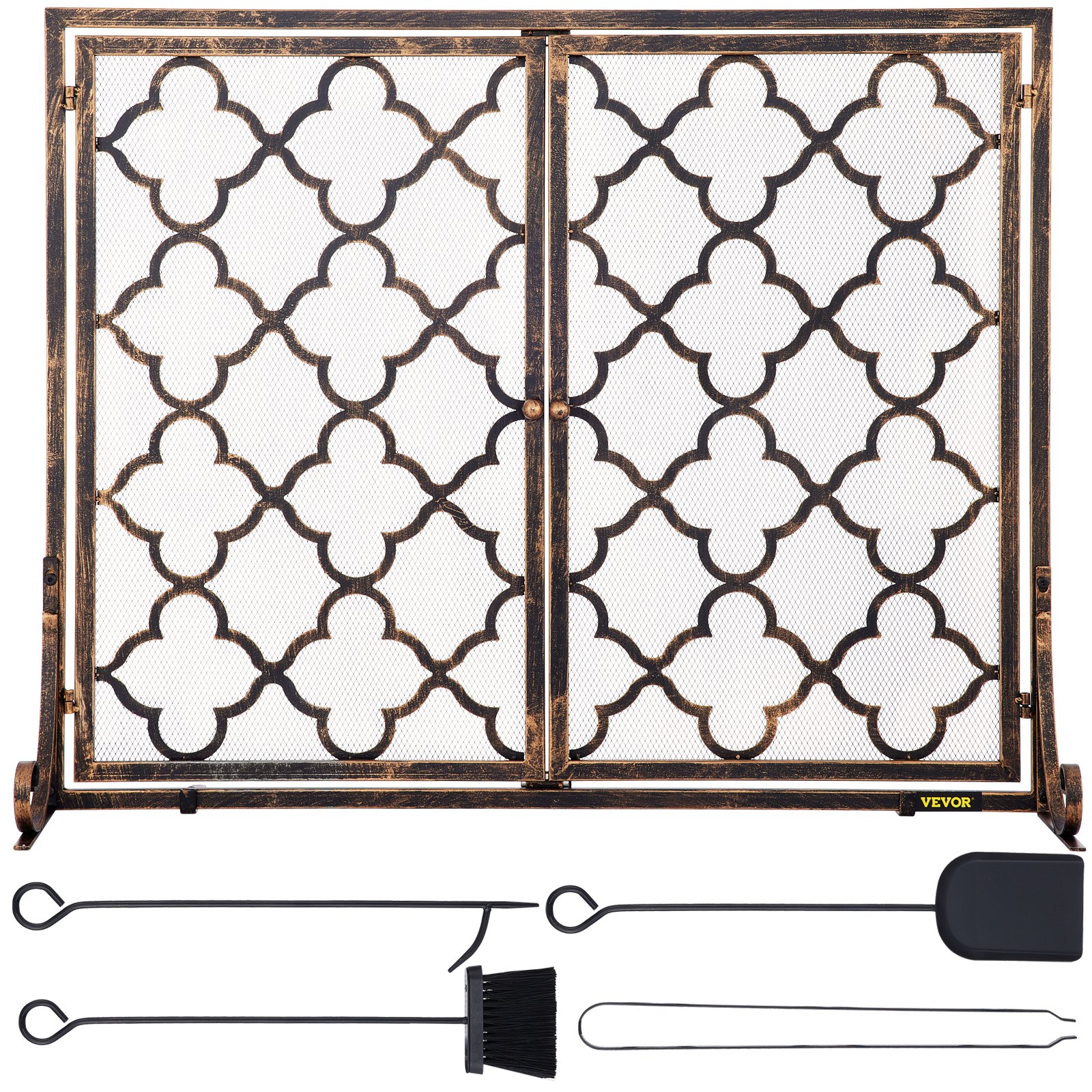 VEVOR Fireplace Screen, 39 x 31 Inch, Double Door Iron Freestanding Spark Guard with Support, Rustic Metal Mesh Craft, Broom Tong Shovel Poker Included for Fireplace Decoration & Protection, Copper