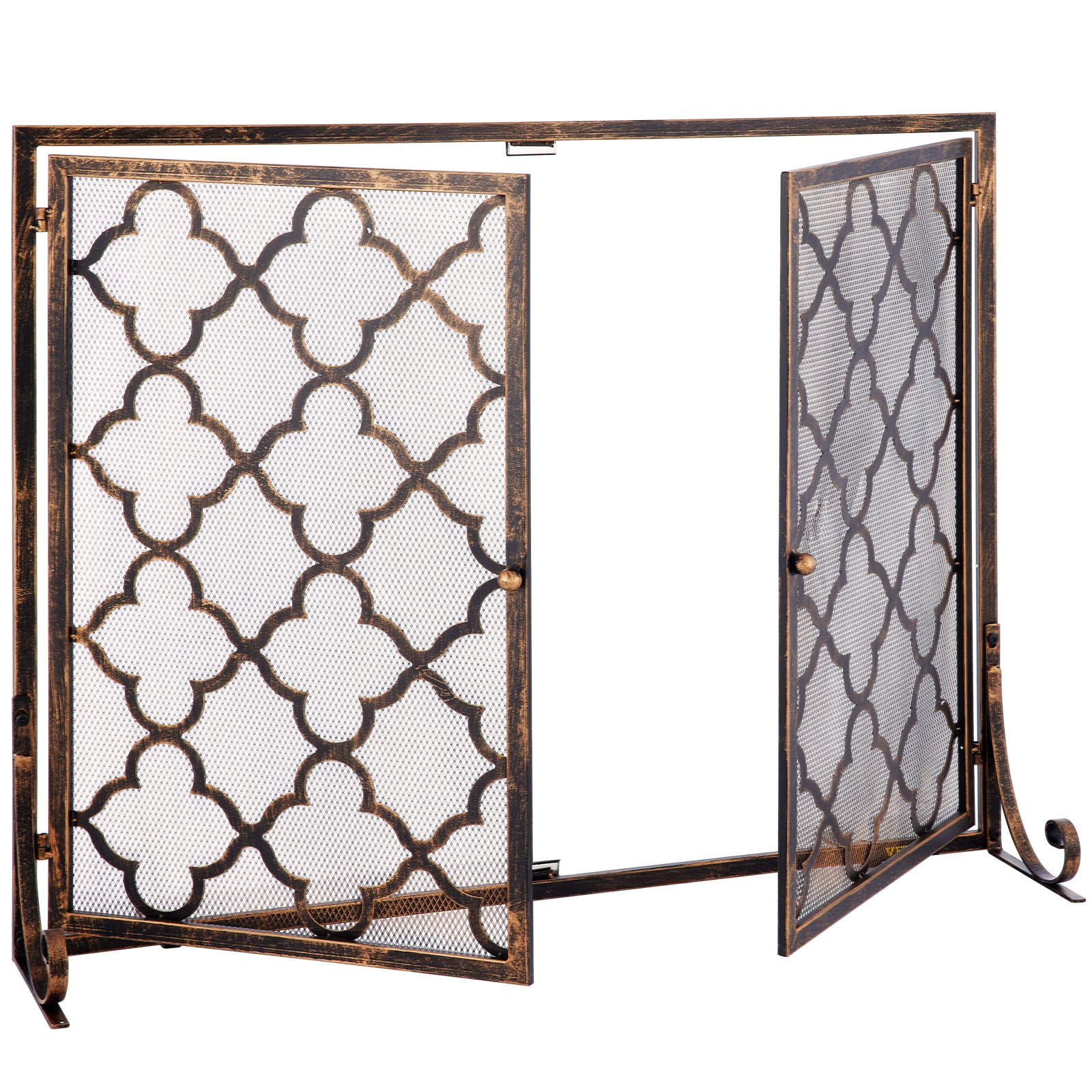VEVOR Fireplace Screen, 39 x 31 Inch, Double Door Iron Freestanding Spark Guard with Support, Rustic Metal Mesh Craft, Broom Tong Shovel Poker Included for Fireplace Decoration & Protection, Copper