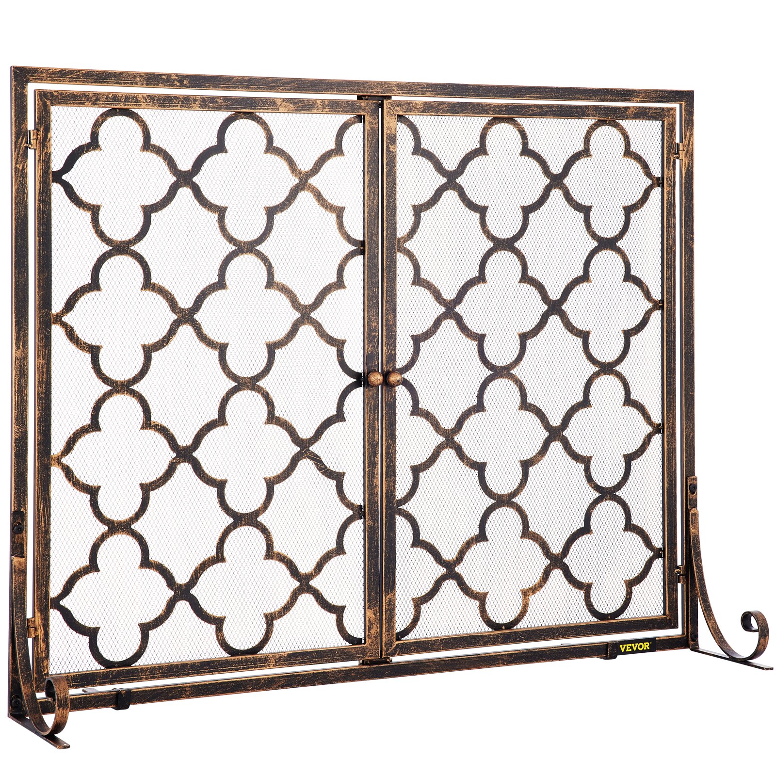 VEVOR Fireplace Screen, 39 x 31 Inch, Double Door Iron Freestanding Spark Guard with Support, Rustic Metal Mesh Craft, Broom Tong Shovel Poker Included for Fireplace Decoration & Protection, Copper