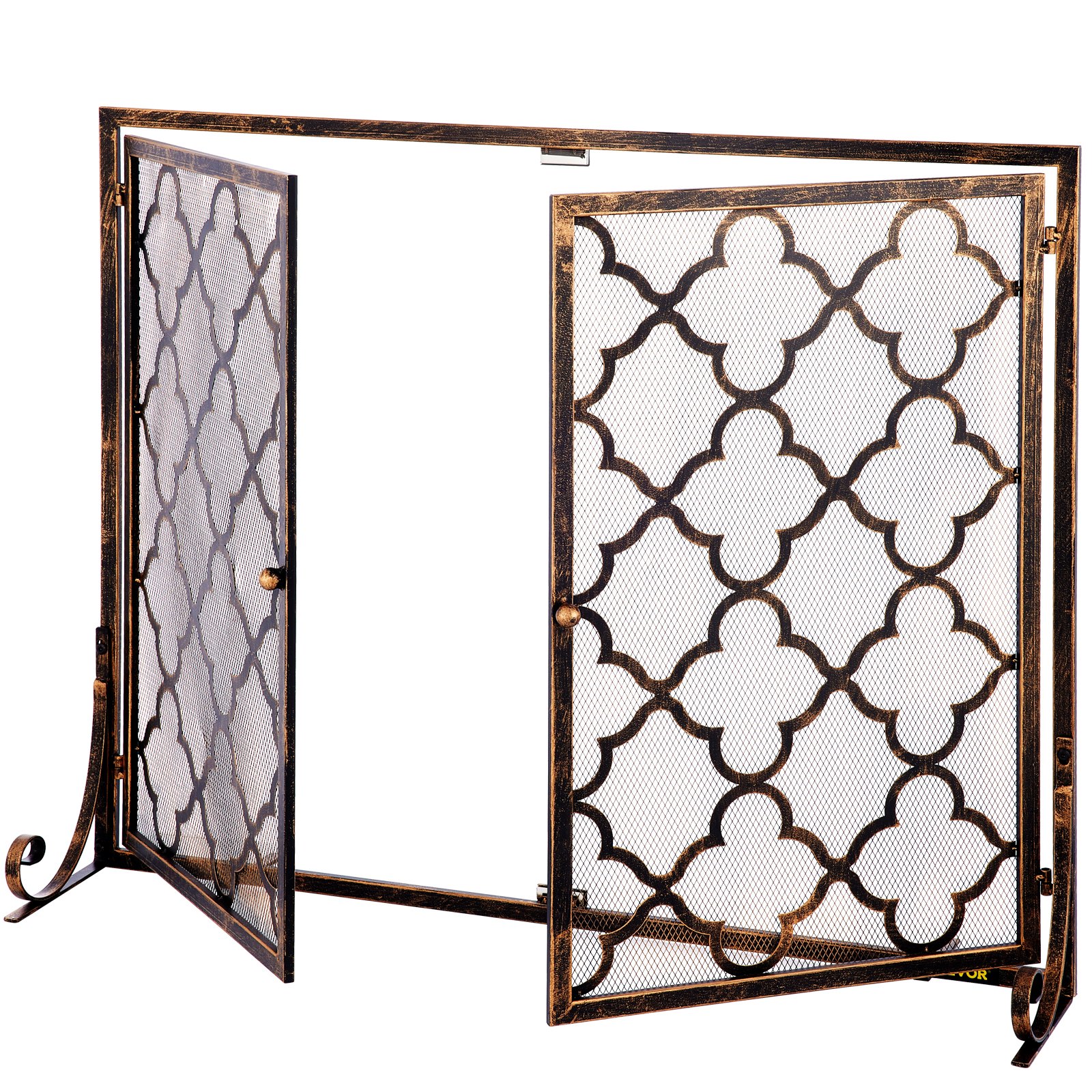 VEVOR Fireplace Screen, 39 x 31 Inch, Double Door Iron Freestanding Spark Guard with Support, Rustic Metal Mesh Craft, Broom Tong Shovel Poker Included for Fireplace Decoration & Protection, Copper
