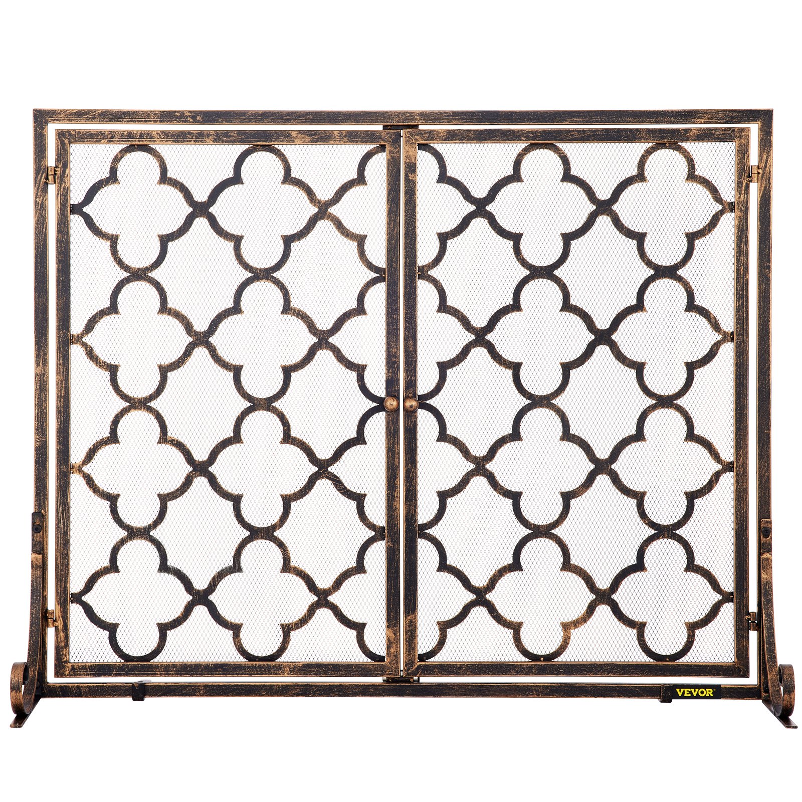 VEVOR Fireplace Screen, 39 x 31 Inch, Double Door Iron Freestanding Spark Guard with Support, Rustic Metal Mesh Craft, Broom Tong Shovel Poker Included for Fireplace Decoration & Protection, Copper