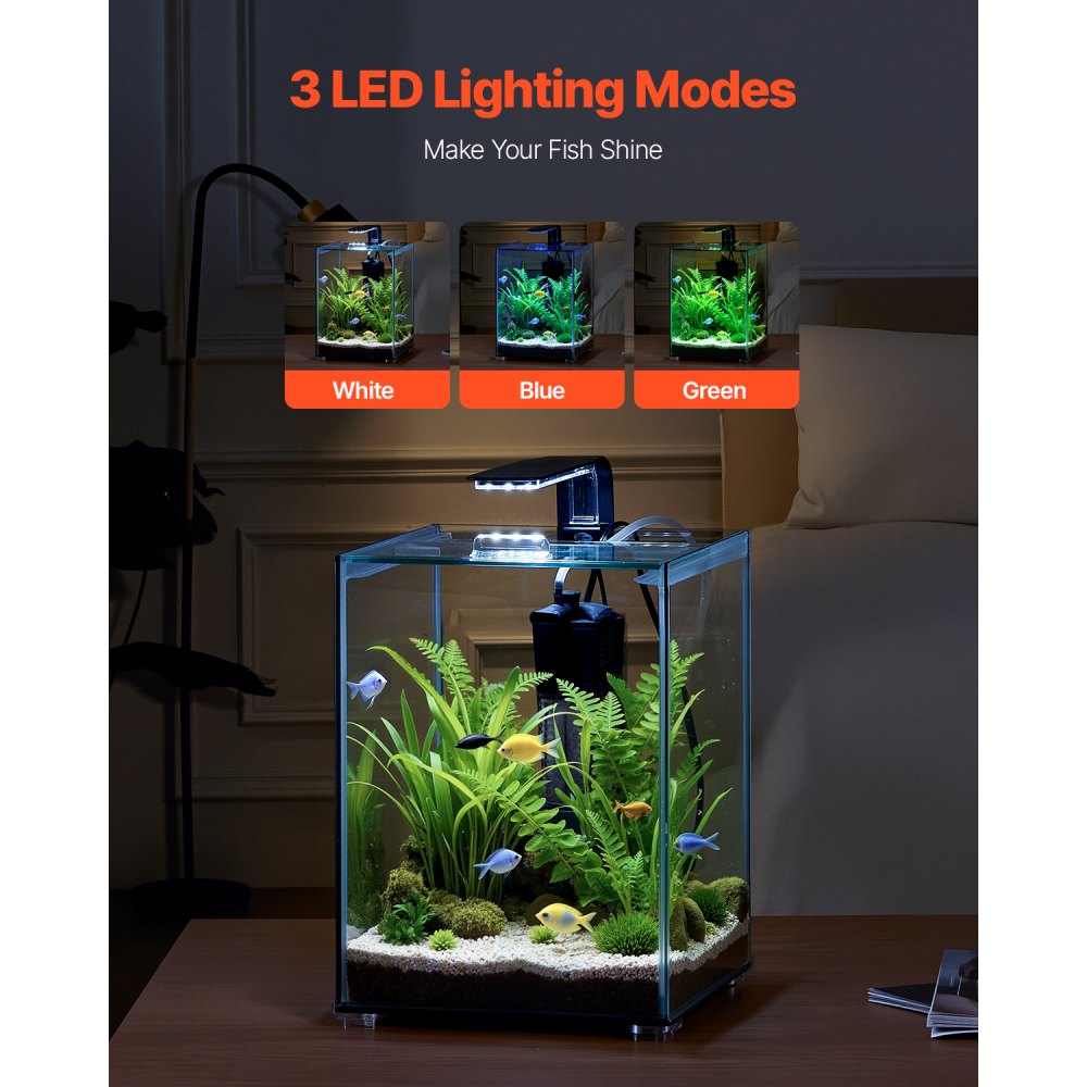 VEVOR Fish Tank Aquarium, 5 Gallon Square Ultra-Clear Glass Starter Smart Tank Adjustable 3 Color Lighting, Self Cleaning System Fishbowl for Freshwater & Saltwater Fish Home, Office, or Pet Use