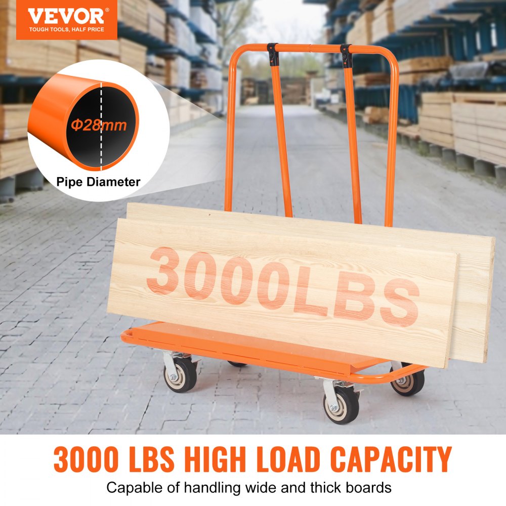 VEVOR Drywall Cart, 3000 LBS Panel Dolly Cart with 45.28 x 21.8 Deck and  5 Swivel Wheels, Heavy-Duty Drywall Sheet Cart, Handling Wall Panel