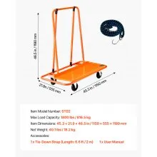 VEVOR Drywall Cart Dolly, 1800 lbs Load Capacity, Steel Panel Dolly with 4 Swivel Casters, Durable & Long-lasting, Panel Truck Cart with Tie-Down Strap for Plywood, Plasterboard, Glass, Orange