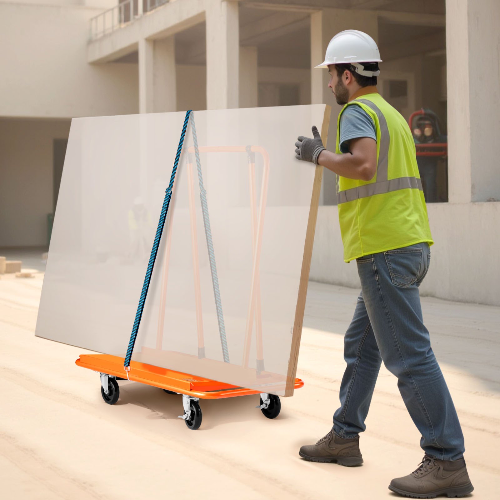 VEVOR Drywall Cart Dolly, 816 kg Load Capacity, Steel Panel Dolly with 4 Swivel Casters, Durable & Long-lasting, Panel Truck Cart with Tie-Down Strap for Plywood, Plasterboard, Glass, Orange