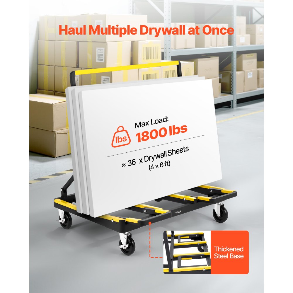 VEVOR Drywall Cart Dolly, 816 kg Load Capacity, Steel Panel Dolly with 4 Swivel Casters & Expandable Deck, Foldable Panel Truck Cart with Tie-Down Strap for Handling Plywood, Plasterboard, Glass