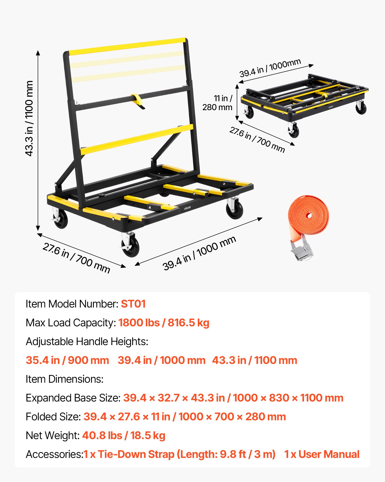 VEVOR Drywall Cart Dolly, 816 kg Load Capacity, Steel Panel Dolly with 4 Swivel Casters & Expandable Deck, Foldable Panel Truck Cart with Tie-Down Strap for Handling Plywood, Plasterboard, Glass