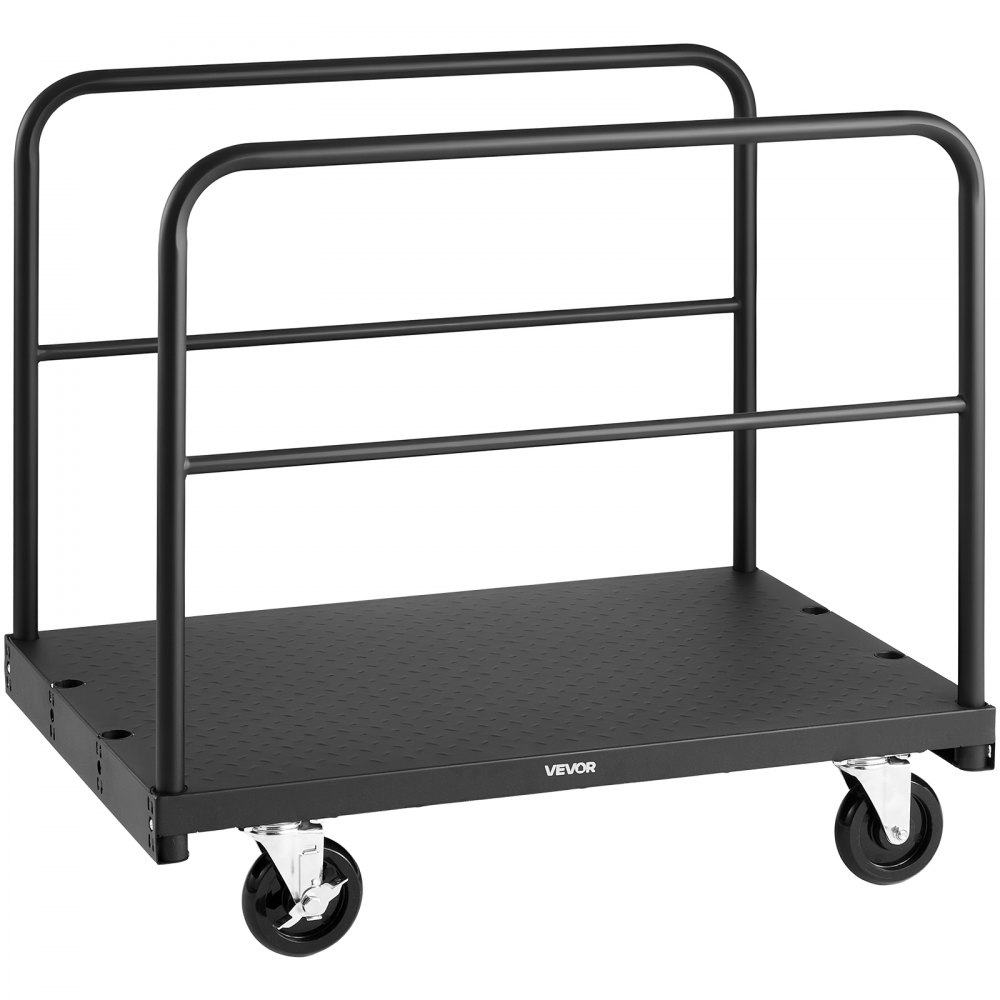 VEVOR Drywall Cart Dolly, 816 kg Load Capacity, 2-in-1 Steel Panel Truck Cart with 12.5 mm Swivel Casters, 91.4 x 61 cm Platform Truck with 3 Side Handrails for Factory, Warehouse, Garage, Black