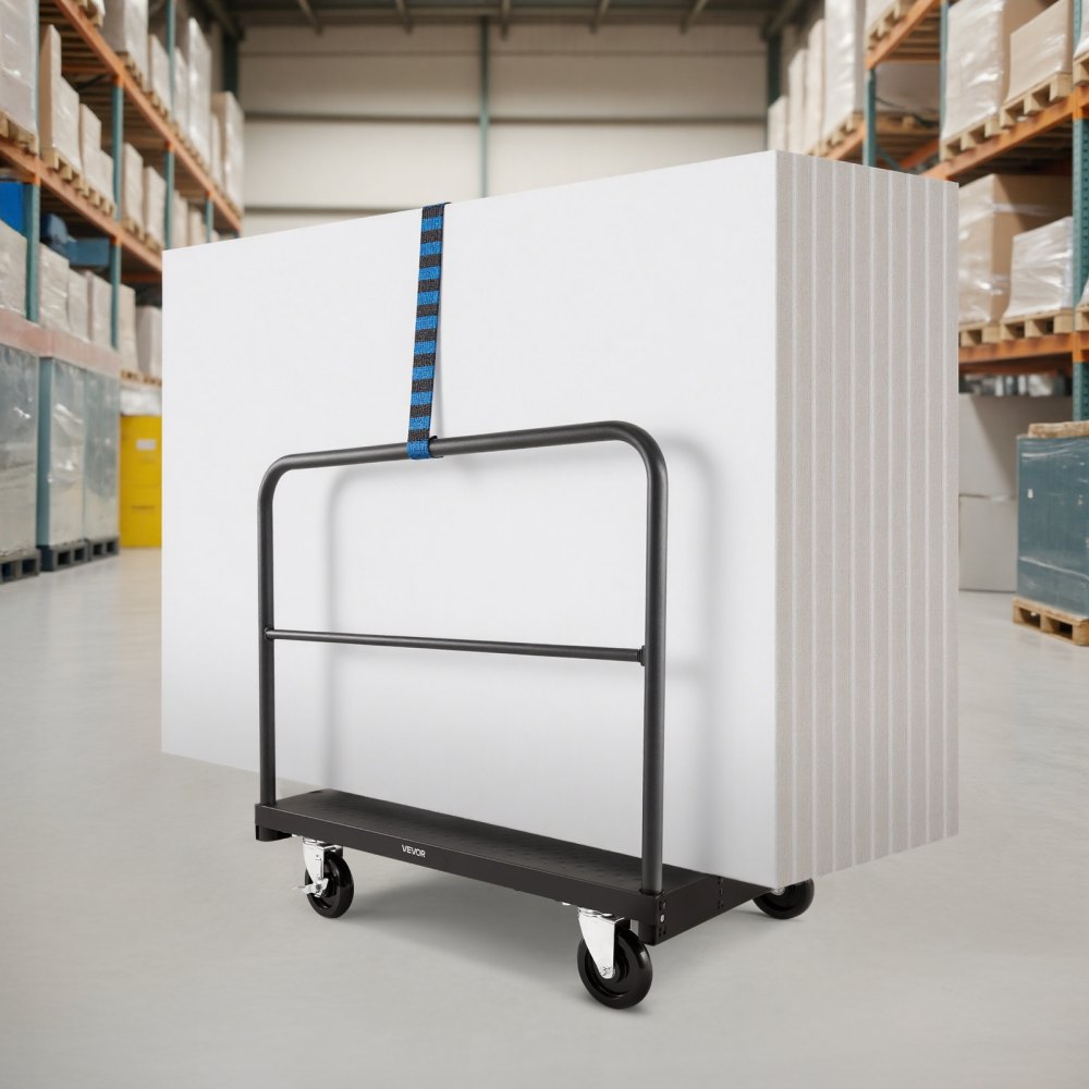 VEVOR Drywall Cart Dolly, 816 kg Load Capacity, 2-in-1 Steel Panel Truck Cart with 12.5 mm Swivel Casters, 91.4 x 61 cm Platform Truck with 3 Side Handrails for Factory, Warehouse, Garage, Black