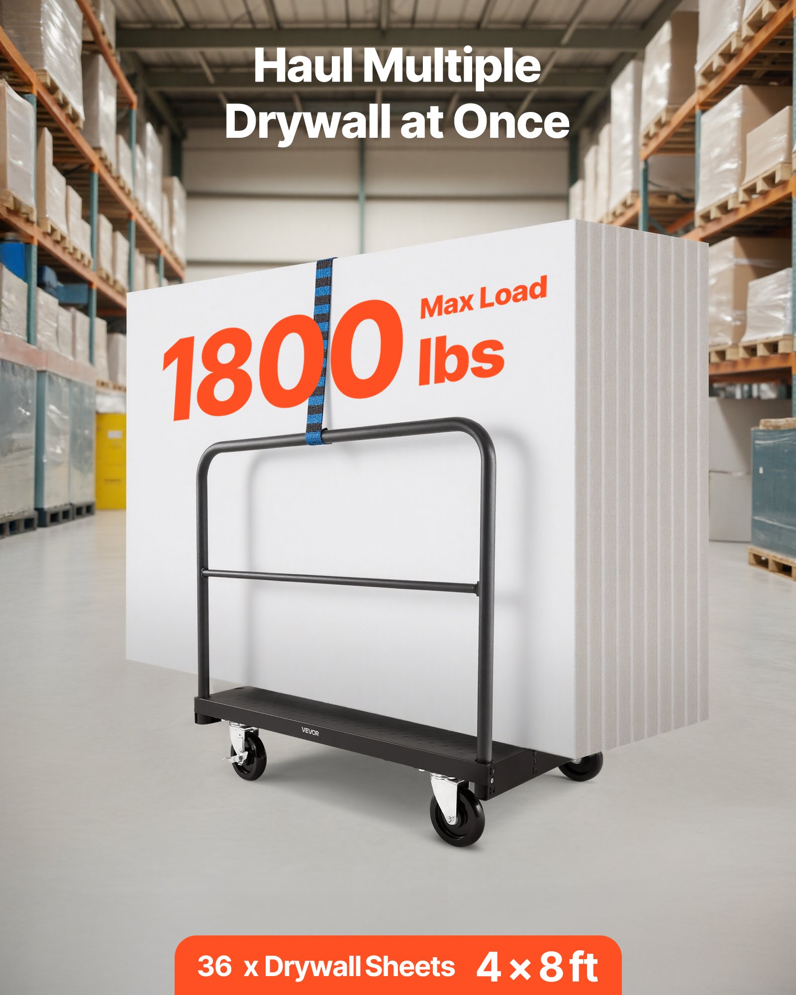 VEVOR Drywall Cart Dolly, 816 kg Load Capacity, 2-in-1 Steel Panel Truck Cart with 12.5 mm Swivel Casters, 91.4 x 61 cm Platform Truck with 3 Side Handrails for Factory, Warehouse, Garage, Black