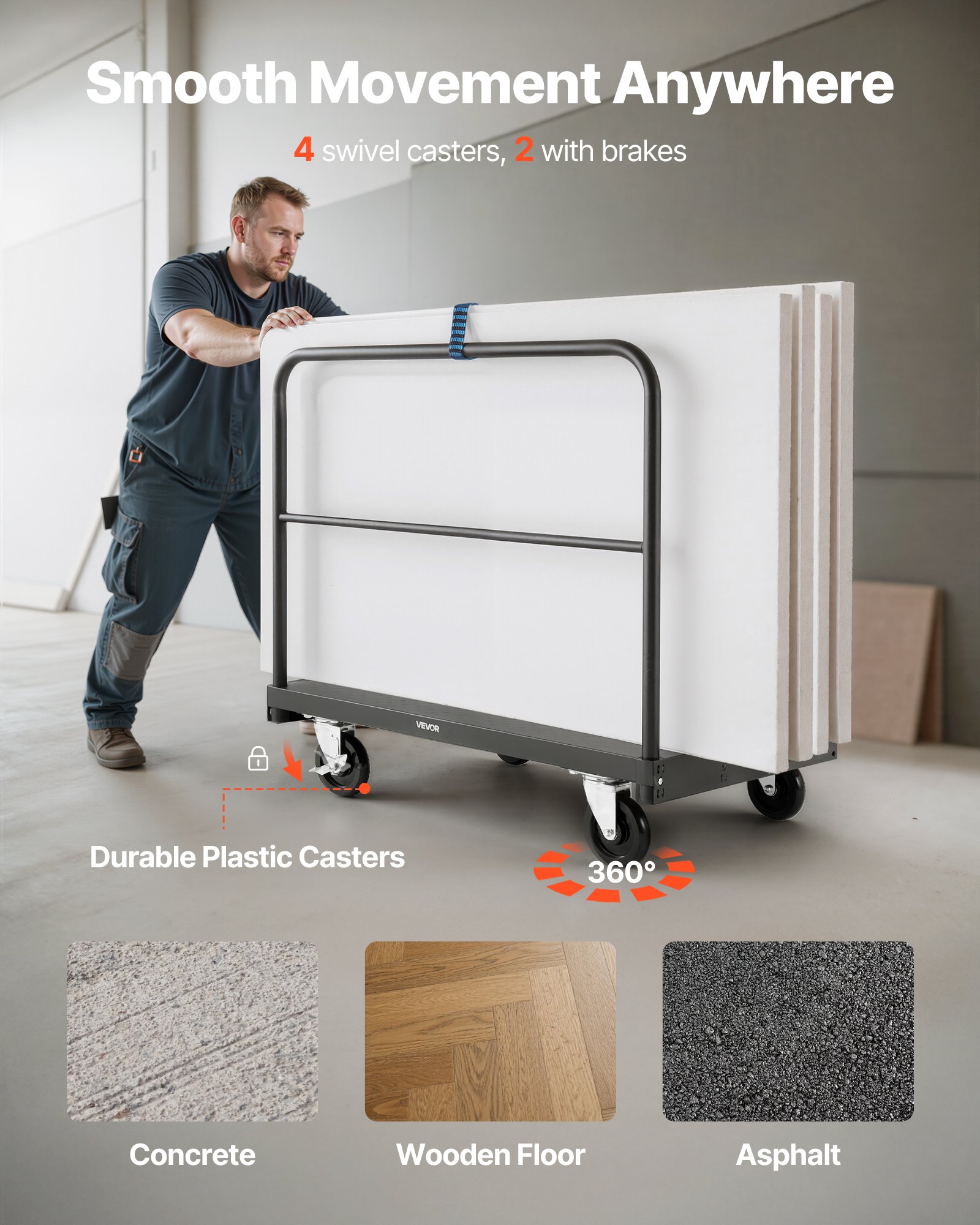 VEVOR Drywall Cart Dolly, 816 kg Load Capacity, 2-in-1 Steel Panel Truck Cart with 12.5 mm Swivel Casters, 91.4 x 61 cm Platform Truck with 3 Side Handrails for Factory, Warehouse, Garage, Black
