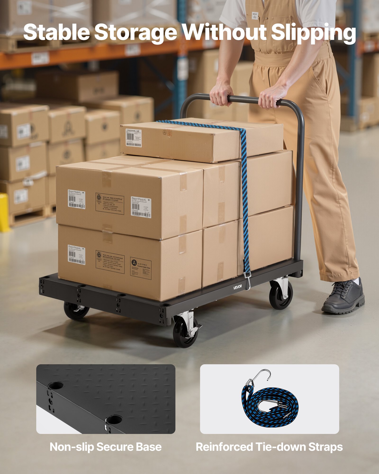 VEVOR Drywall Cart Dolly, 816 kg Load Capacity, 2-in-1 Steel Panel Truck Cart with 12.5 mm Swivel Casters, 91.4 x 61 cm Platform Truck with 3 Side Handrails for Factory, Warehouse, Garage, Black
