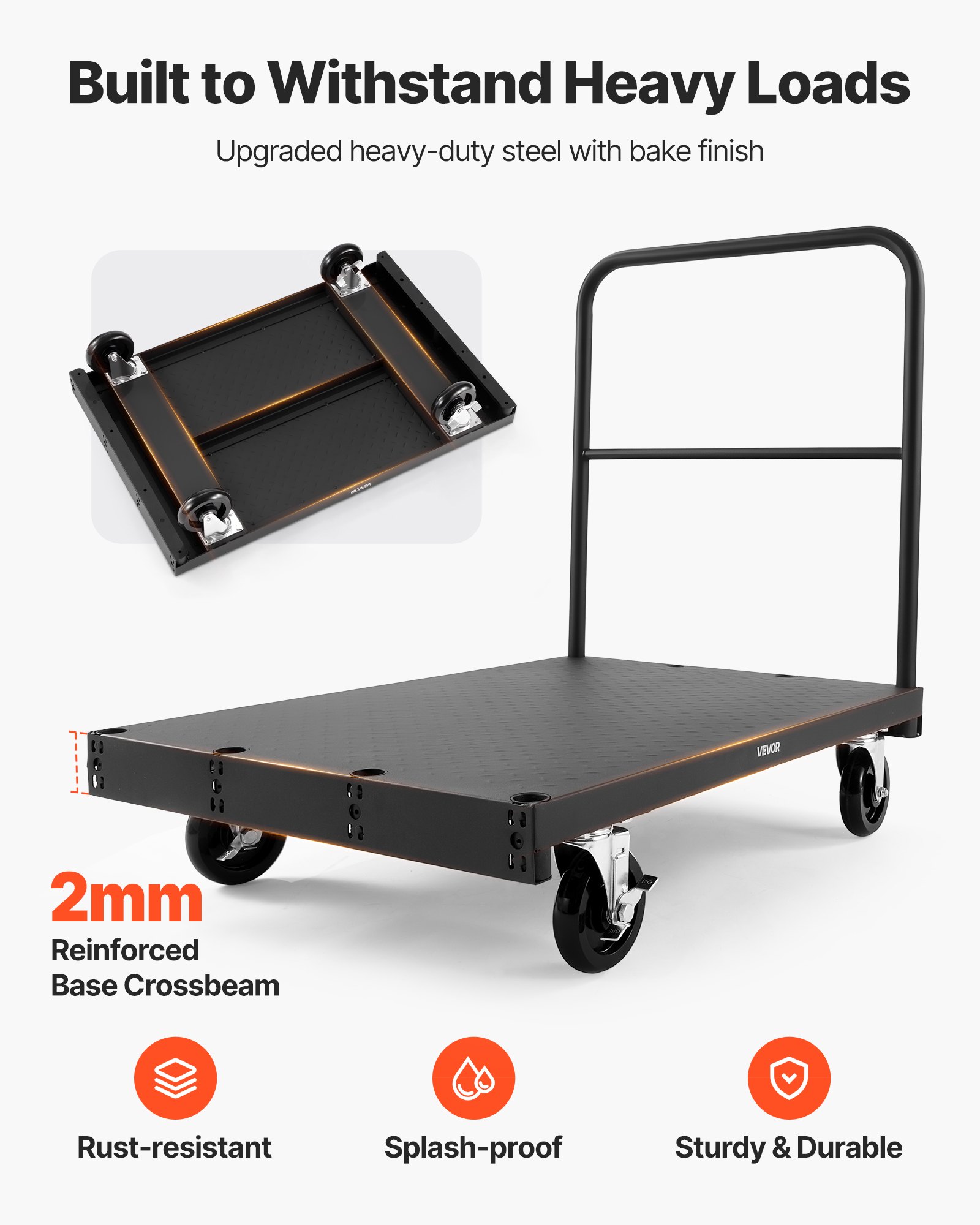 VEVOR Drywall Cart Dolly, 816 kg Load Capacity, 2-in-1 Steel Panel Truck Cart with 12.5 mm Swivel Casters, 91.4 x 61 cm Platform Truck with 3 Side Handrails for Factory, Warehouse, Garage, Black