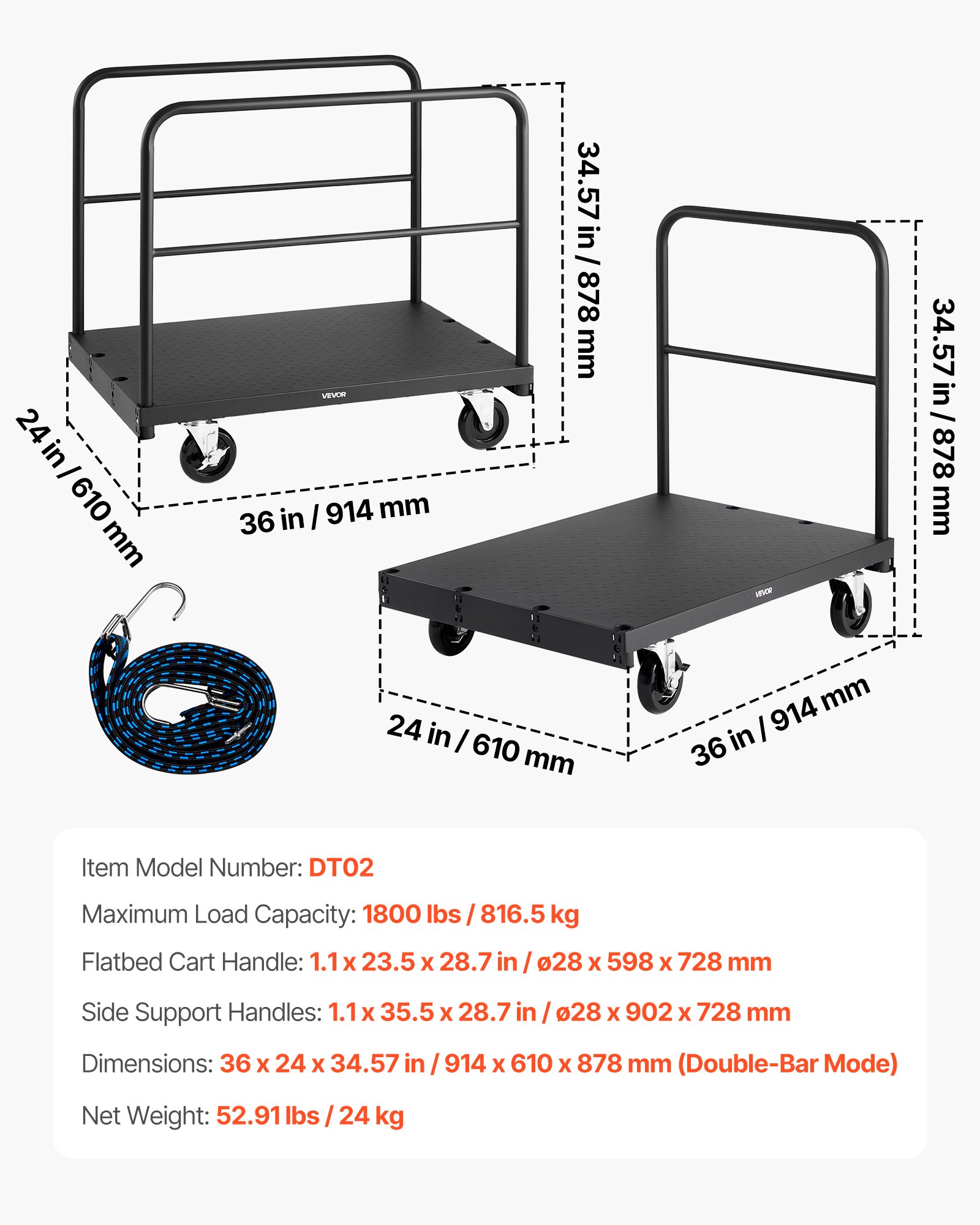 VEVOR Drywall Cart Dolly, 816 kg Load Capacity, 2-in-1 Steel Panel Truck Cart with 12.5 mm Swivel Casters, 91.4 x 61 cm Platform Truck with 3 Side Handrails for Factory, Warehouse, Garage, Black