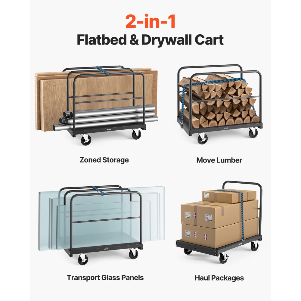 VEVOR Drywall Cart Dolly, 816 kg Load Capacity, 2-in-1 Steel Panel Truck Cart with 12.5 mm Swivel Casters, 91.4 x 61 cm Platform Truck with 4 Side Handrails for Factory, Warehouse, Garage, Black