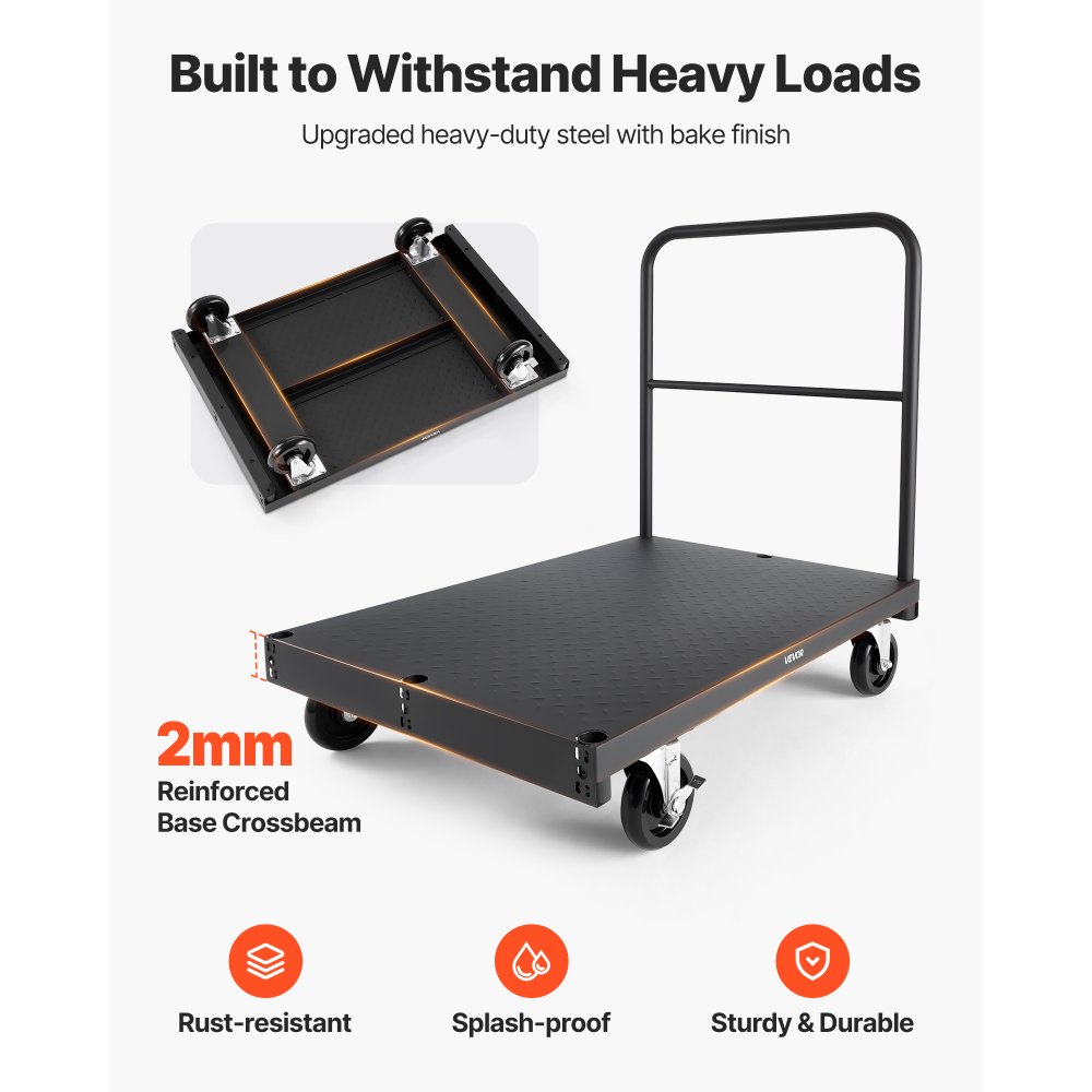 VEVOR Drywall Cart Dolly, 816 kg Load Capacity, 2-in-1 Steel Panel Truck Cart with 12.5 mm Swivel Casters, 91.4 x 61 cm Platform Truck with 4 Side Handrails for Factory, Warehouse, Garage, Black