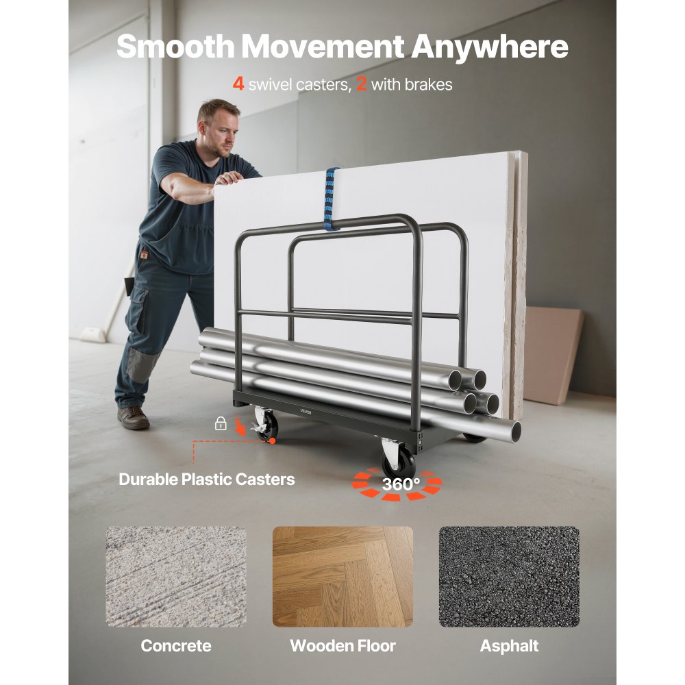 VEVOR Drywall Cart Dolly, 816 kg Load Capacity, 2-in-1 Steel Panel Truck Cart with 12.5 mm Swivel Casters, 91.4 x 61 cm Platform Truck with 4 Side Handrails for Factory, Warehouse, Garage, Black