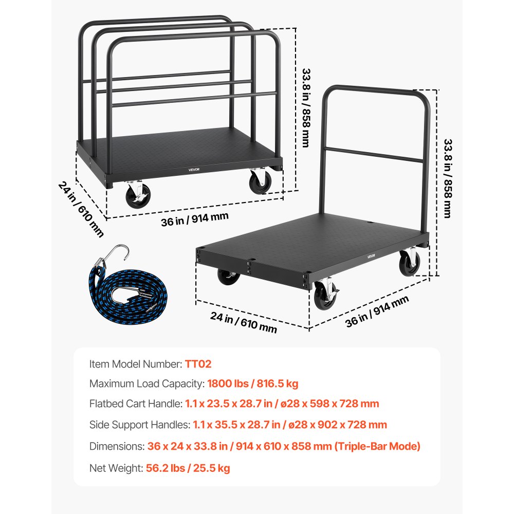 VEVOR Drywall Cart Dolly, 816 kg Load Capacity, 2-in-1 Steel Panel Truck Cart with 12.5 mm Swivel Casters, 91.4 x 61 cm Platform Truck with 4 Side Handrails for Factory, Warehouse, Garage, Black