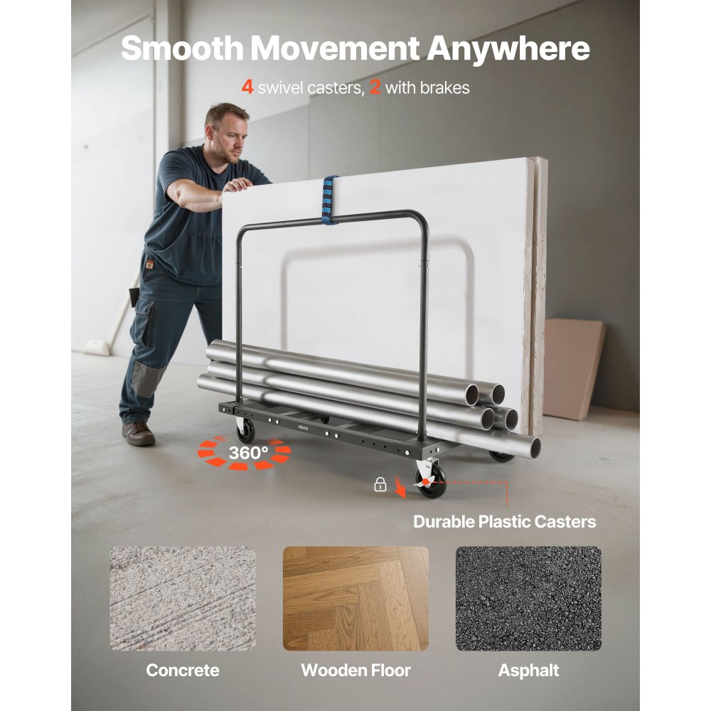 VEVOR Drywall Cart Dolly, 816 kg Load Capacity, Steel Panel Truck Cart with 12.5 mm Swivel Casters, Lumber Drywall Dolly with Tie-Down Strap & 2 Side Handrails for Factory, Warehouse, Garage, Black