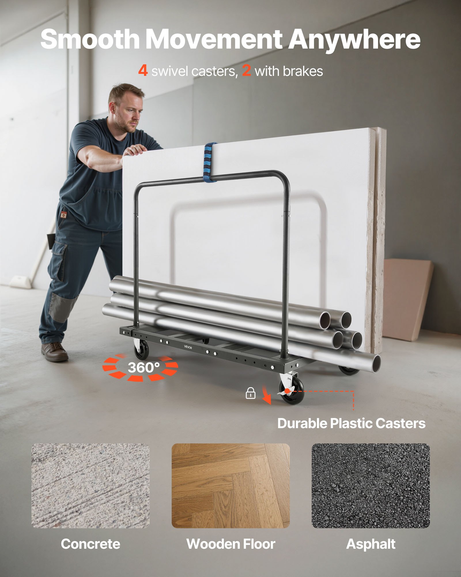 VEVOR Drywall Cart Dolly, 816 kg Load Capacity, Steel Panel Truck Cart with 12.5 mm Swivel Casters, Lumber Drywall Dolly with Tie-Down Strap & 2 Side Handrails for Factory, Warehouse, Garage, Black