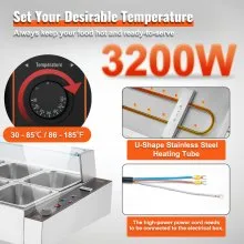 VEVOR Commercial Electric Food Warmer Countertop Buffet 10*12Qt with Glass Shield