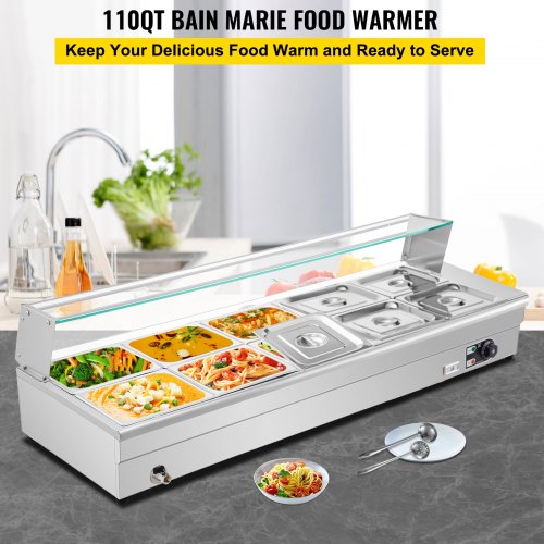 VEVOR 10-Pan Bain Marie Food Warmer 6-Inch Deep, 110V Food Grade Stainelss Steel Commercial Food Steam Table, 1500W Electric Countertop Food Warmer 100 Quart with Tempered Glass Shield