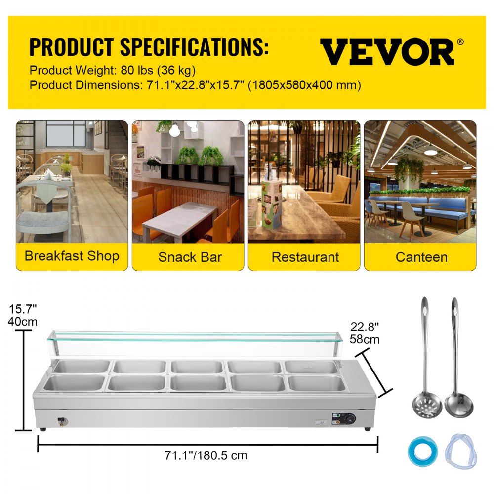 VEVOR Commercial Food Warmer Bain Marie 10x1/2GN 15cm Deep Buffet Pan 2000W