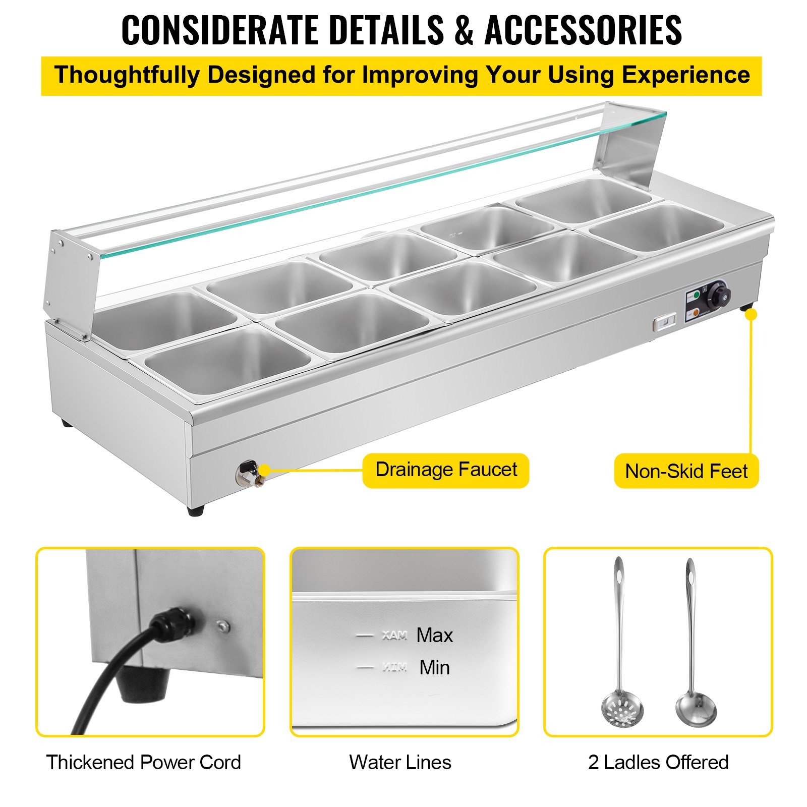 VEVOR Commercial Food Warmer Bain Marie 10x1/2GN 15cm Deep Buffet Pan 2000W