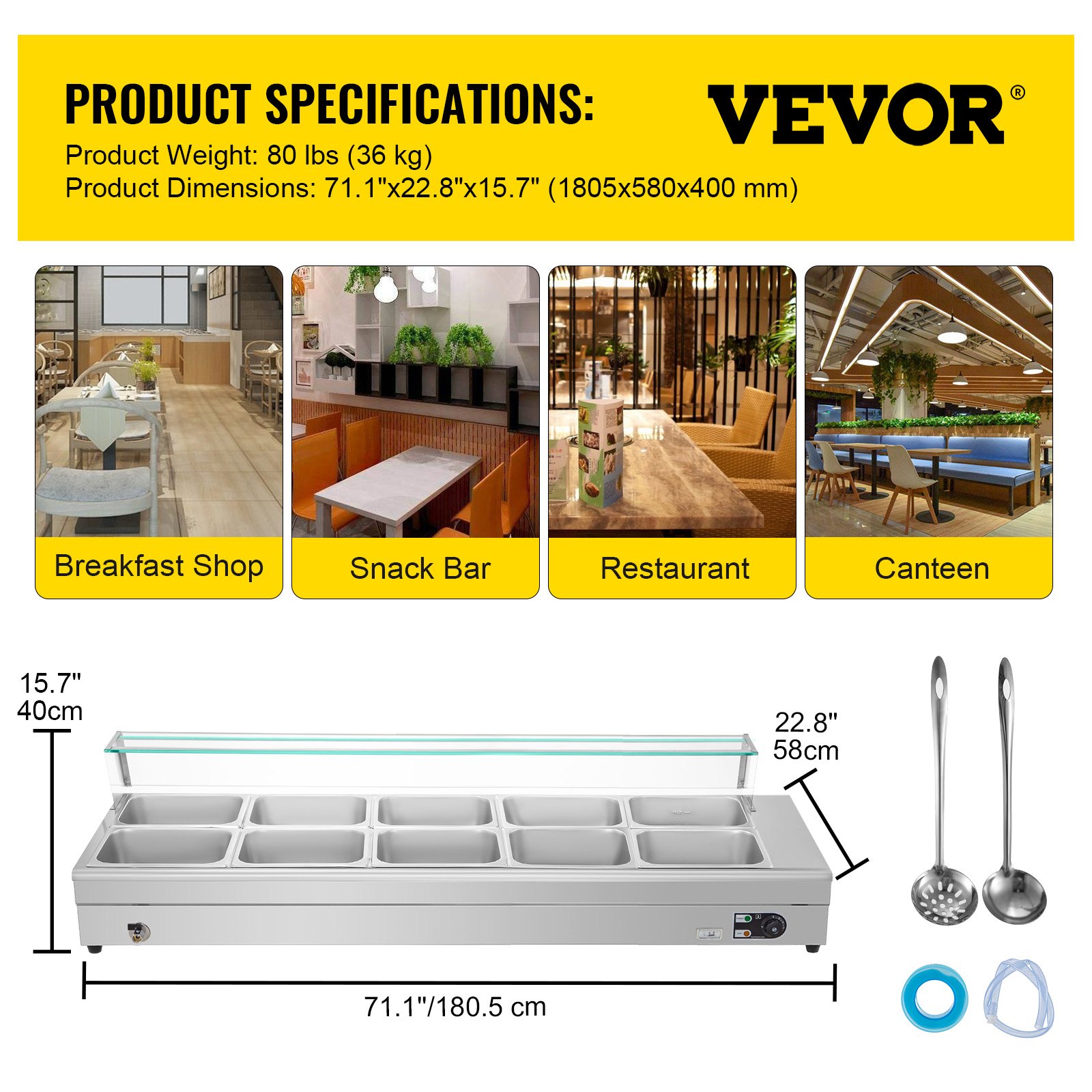 VEVOR Commercial Food Warmer Bain Marie 10x1/2GN 15cm Deep Buffet Pan 2000W