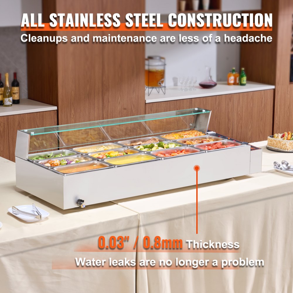 VEVOR 12-Pan Commercial Food Warmer, 12 x 5QT Electric Steam Table with Glass Cover, 3200W Countertop Stainless Steel Buffet Bain Marie w/ Thermometer 86-185°F Temp Control for Catering, Restaurants