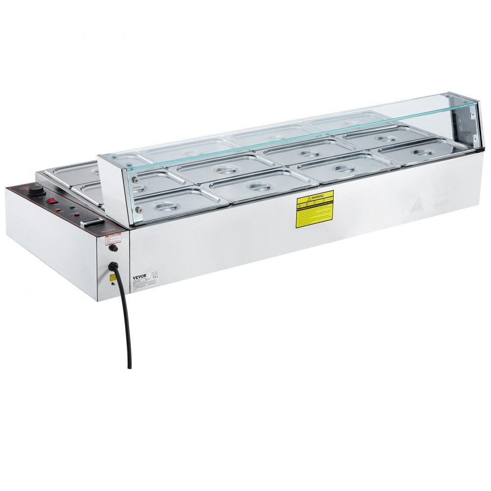 VEVOR 12-Pan Commercial Food Warmer, 12 x 5QT Electric Steam Table with Glass Cover, 3200W Countertop Stainless Steel Buffet Bain Marie w/ Thermometer 86-185°F Temp Control for Catering, Restaurants