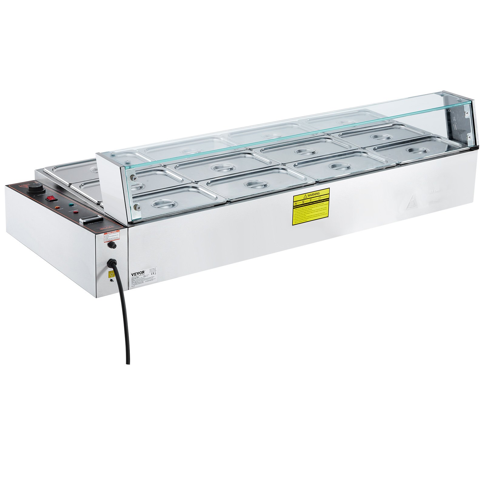 VEVOR 12-Pan Commercial Food Warmer, 12 x 5QT Electric Steam Table with Glass Cover, 3200W Countertop Stainless Steel Buffet Bain Marie w/ Thermometer 86-185°F Temp Control for Catering, Restaurants