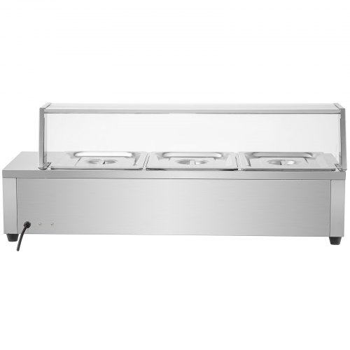VEVOR 110V Bain Marie Food Warmer 3 Pan x 1/2 GN, Food Grade Stainelss Steel Commercial Food Steam Table 6-Inch Deep, 1500W Electric Countertop Food Warmer 33 Quart with Tempered Glass Shield