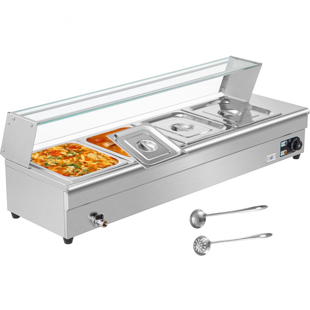 VEVOR 4-Pan Bain Marie Food Warmer 6-Inch Deep, 110V Food Grade Stainelss Steel Commercial Food Steam Table, 1500W Electric Countertop Food Warmer 44 Quart with Tempered Glass Shield