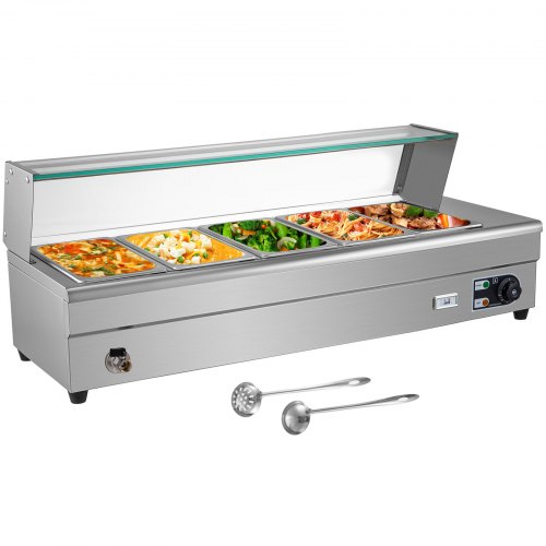 VEVOR Commercial Food Warmer, 5 x 1/2 Pans, 44 Qt Electric Bain Marie with 6" Deep Pans, Stainless Steel Steam Table with Tempered Glass Shield, 1500W Countertop Buffet Warmer with Lids & Ladles, 110V