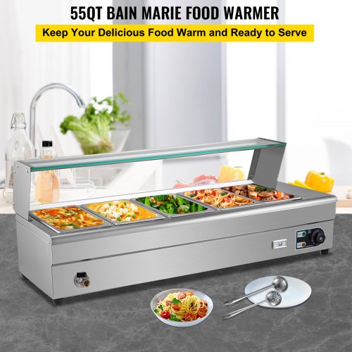 VEVOR Commercial Food Warmer, 5 x 1/2 Pans, 44 Qt Electric Bain Marie with 6" Deep Pans, Stainless Steel Steam Table with Tempered Glass Shield, 1500W Countertop Buffet Warmer with Lids & Ladles, 110V