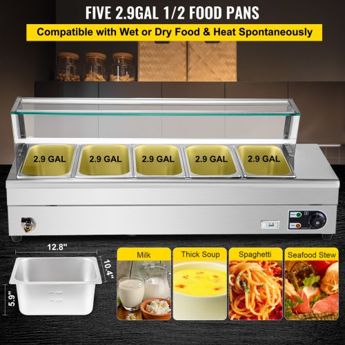 VEVOR Commercial Food Warmer, 5 x 1/2 Pans, 44 Qt Electric Bain Marie with 6" Deep Pans, Stainless Steel Steam Table with Tempered Glass Shield, 1500W Countertop Buffet Warmer with Lids & Ladles, 110V