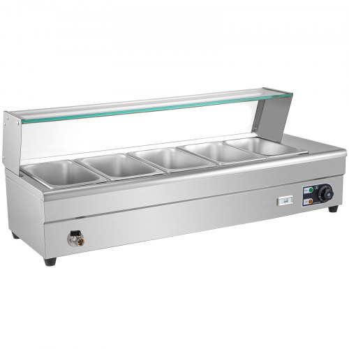 VEVOR Commercial Food Warmer, 5 x 1/2 Pans, 44 Qt Electric Bain Marie with 6" Deep Pans, Stainless Steel Steam Table with Tempered Glass Shield, 1500W Countertop Buffet Warmer with Lids & Ladles, 110V