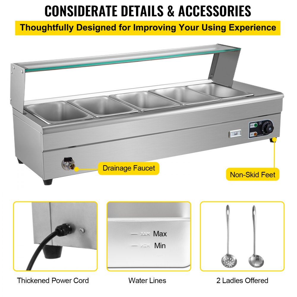 VEVOR Commercial Food Warmer, 5 x 1/2 Pans, 44 Qt Electric Bain Marie with 6" Deep Pans, Stainless Steel Steam Table with Tempered Glass Shield, 1500W Countertop Buffet Warmer with Lids & Ladles, 110V