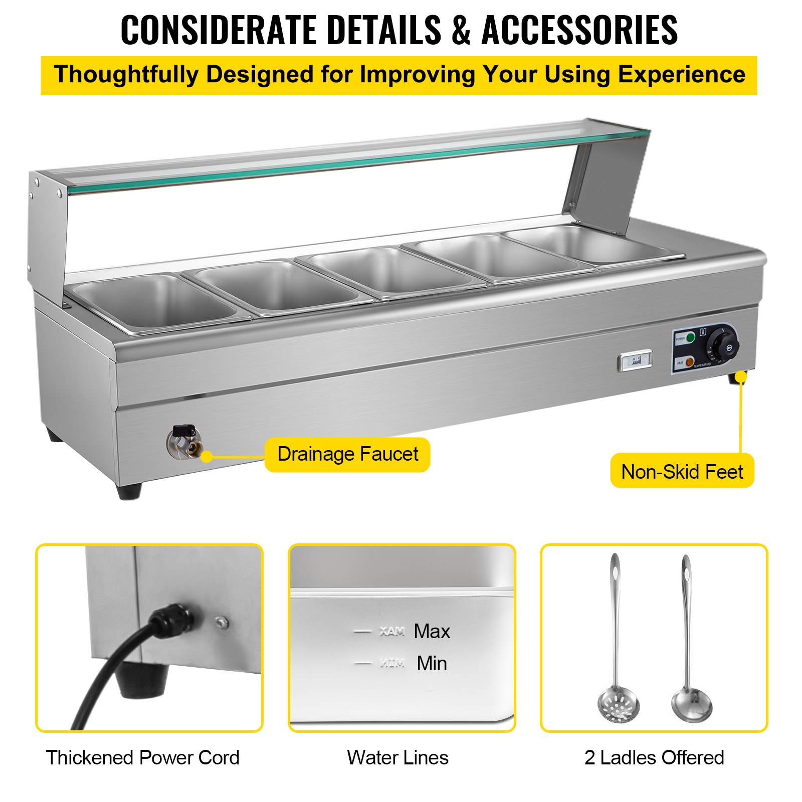 VEVOR Commercial Food Warmer, 5 x 1/2 Pans, 44 Qt Electric Bain Marie with 6" Deep Pans, Stainless Steel Steam Table with Tempered Glass Shield, 1500W Countertop Buffet Warmer with Lids & Ladles, 110V