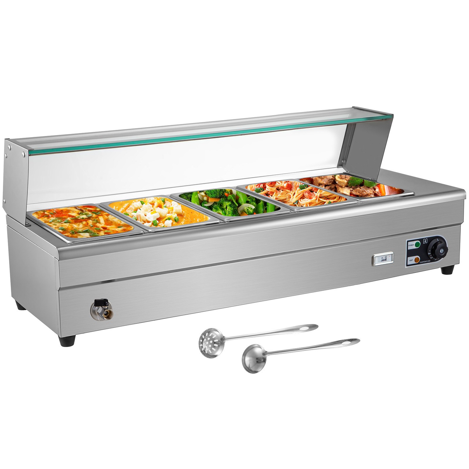 VEVOR Commercial Food Warmer, 5 x 1/2 Pans, 44 Qt Electric Bain Marie with 6" Deep Pans, Stainless Steel Steam Table with Tempered Glass Shield, 1500W Countertop Buffet Warmer with Lids & Ladles, 110V