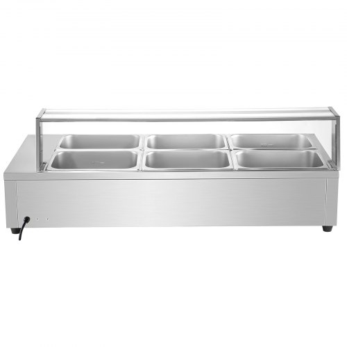 VEVOR 110V Bain Marie Food Warmer 6 Pan x 1/2 GN,Food Grade Stainelss Steel Commercial Food Steam Table 6-Inch Deep, 1500W Electric Countertop Food Warmer 66 Quart with Tempered Glass Shield