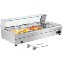 VEVOR 6-Pan Bain Marie Food Warmer 6-Inch Deep, 110V Food Grade Stainelss Steel Commercial Food Steam Table, 1500W Electric Countertop Food Warmer 66 Quart with Tempered Glass Shield