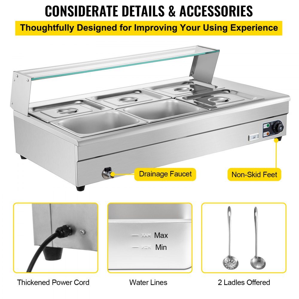 VEVOR Commercial Food Warmer Bain Marie Electric Buffet Pan 6x1/2GN 15cm Deep