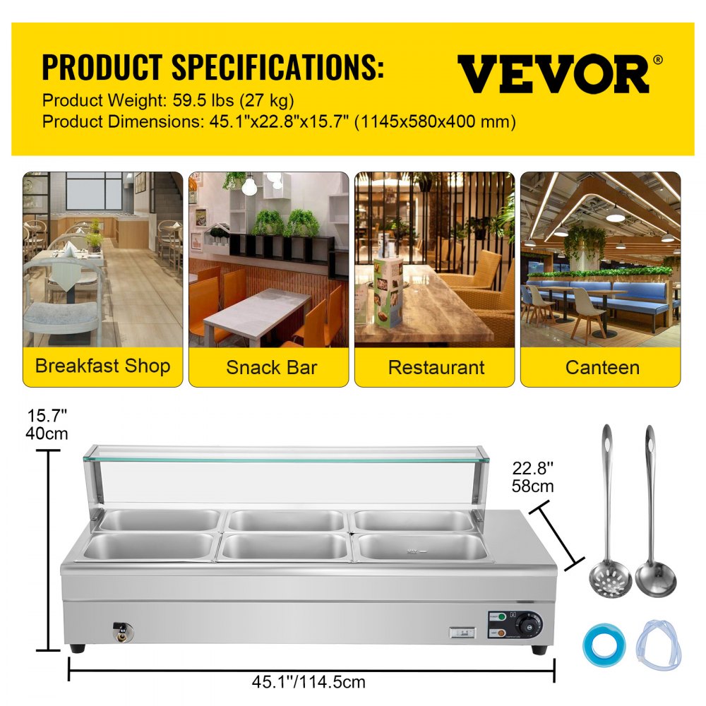 VEVOR Commercial Food Warmer Bain Marie Electric Buffet Pan 6x1/2GN 15cm Deep
