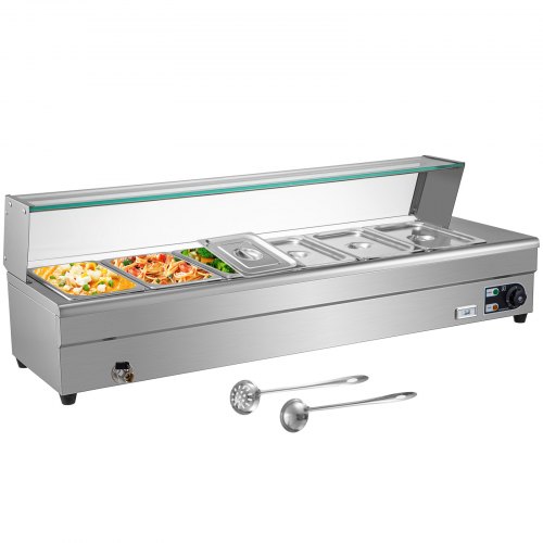 VEVOR 6 Pan Bain Marie Food Warmer 6-Inch Deep, 110V Food Grade Stainelss Steel Commercial Food Steam Table, 1500W Electric Countertop Food Warmer 42 Quart with Tempered Glass Shield