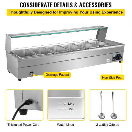 VEVOR 110V Bain Marie Food Warmer 6 Pan x 1/3 GN, Food Grade Stainelss Steel Commercial Food Steam Table 6-Inch Deep, 1500W Electric Countertop Food Warmer 42 Quart with Tempered Glass Shield