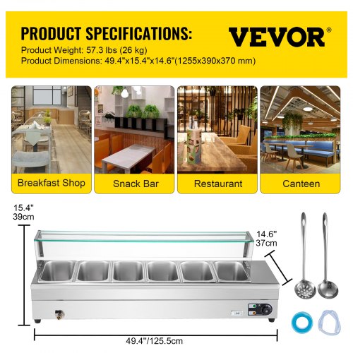 VEVOR 110V Bain Marie Food Warmer 6 Pan x 1/3 GN, Food Grade Stainelss Steel Commercial Food Steam Table 6-Inch Deep, 1500W Electric Countertop Food Warmer 42 Quart with Tempered Glass Shield