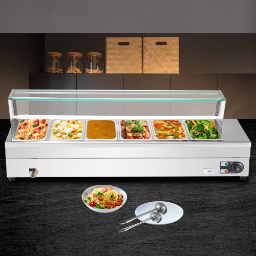 VEVOR Bain Marie Food Warmer 6-Pan, Commercial Food Steam Table 1500W Steam Table Sneeze Guard 6-Inch Deep, Electric Bain Marie Stainless Steel Table Top Commercial with Glass Shield, for Catering
