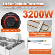VEVOR Commercial Electric Food Warmer Countertop Buffet 8*12Qt with Glass Shield